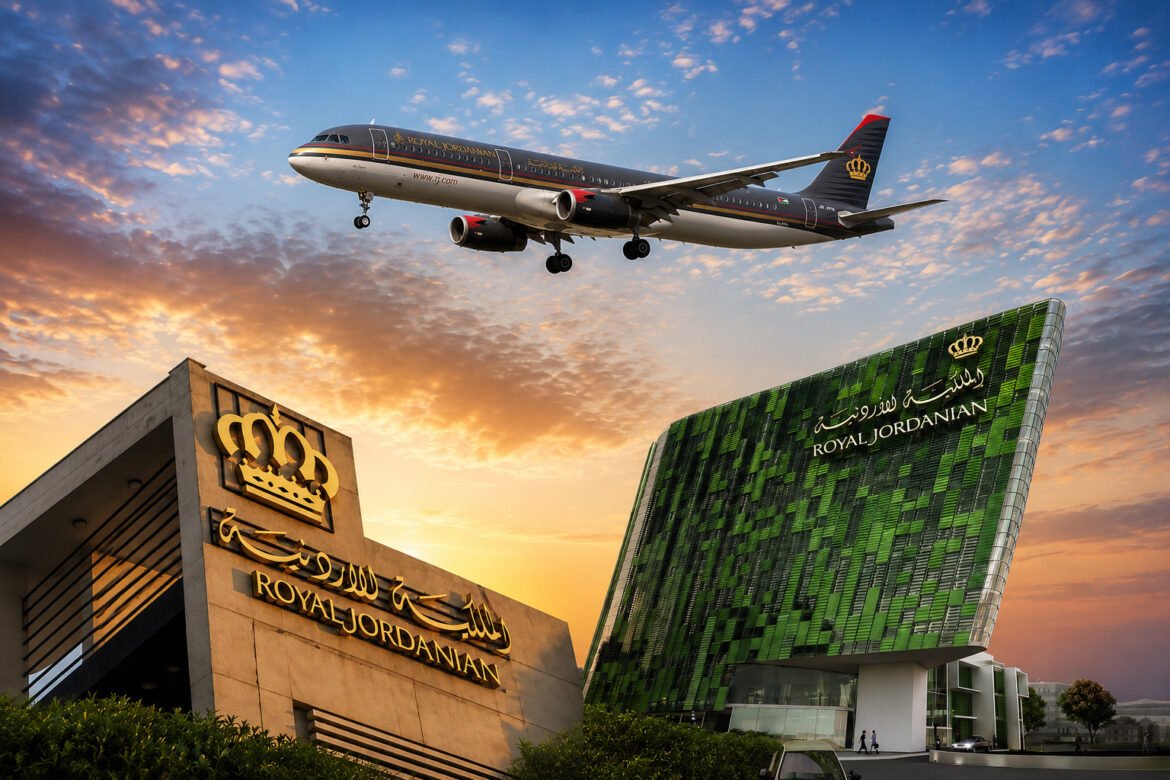 RJ airplane in flight above modern Royal Jordanian terminals at sunset, with golden sky and green glass facade below
