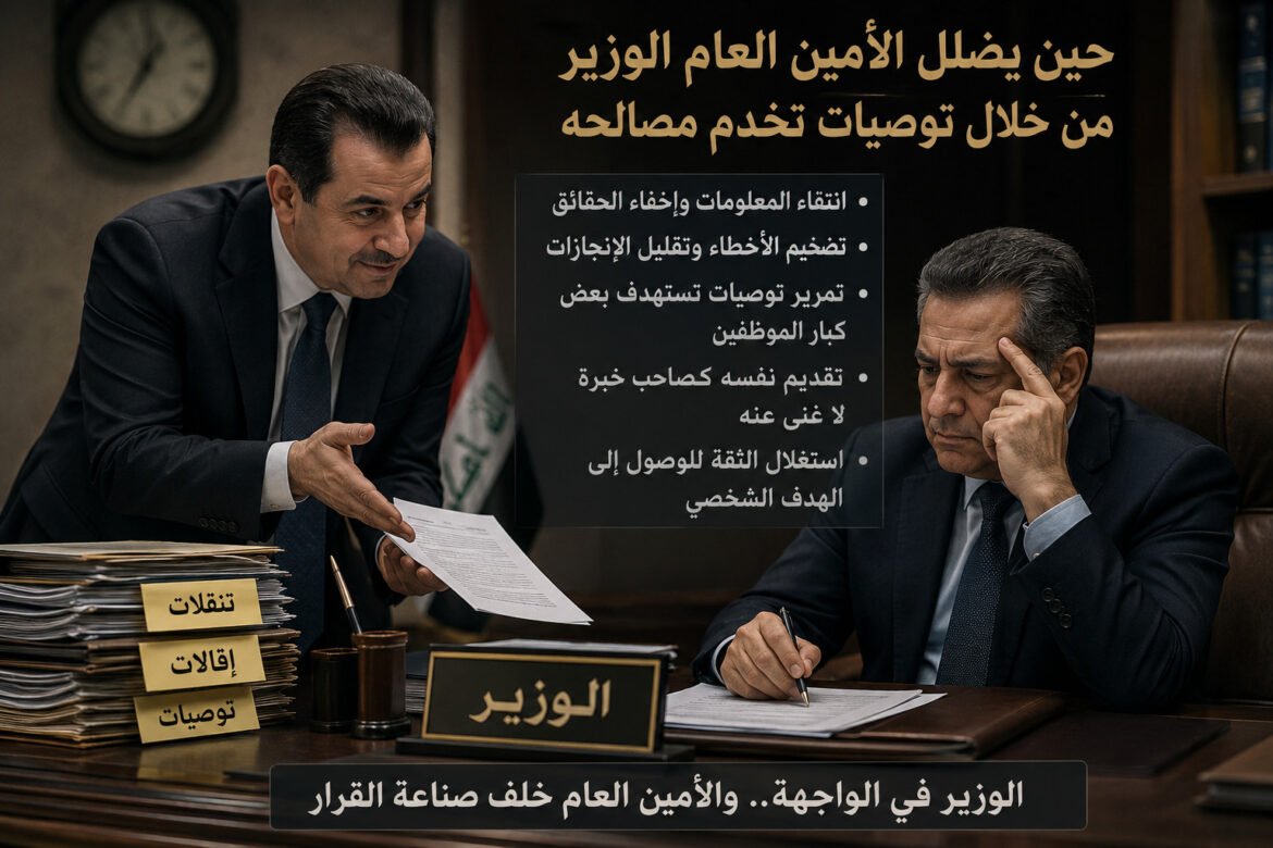 Two men in suits in a government office discuss documents, with a desk labeled Minister and Arabic slogans in the background.