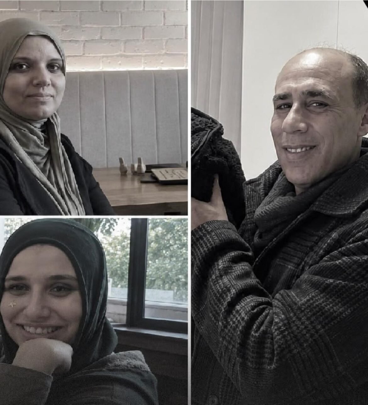 Collage of three people posing: two women wearing hijabs on the left and bottom, and a smiling man in a dark coat on the right, indoors.