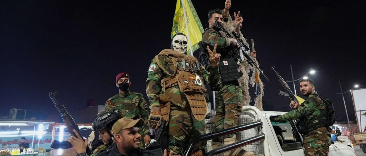 Armed fighters in camouflage ride on a pickup truck at night, some posing with peace signs as a skull-faced figure stands in front.