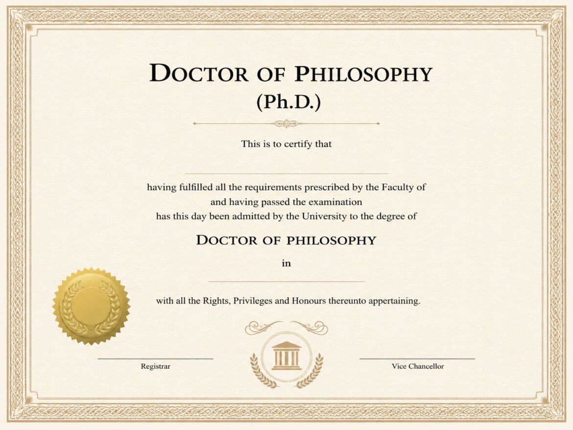 Formal academic diploma certificate reading Doctor of Philosophy (Ph.D.), with gold seal and decorative border.