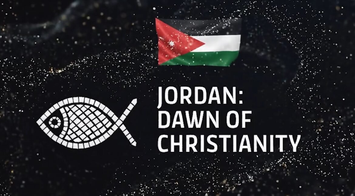 Video title card: 'Jordan: Dawn of Christianity' with the Jordan flag and a stylized fish icon on a dark speckled background.