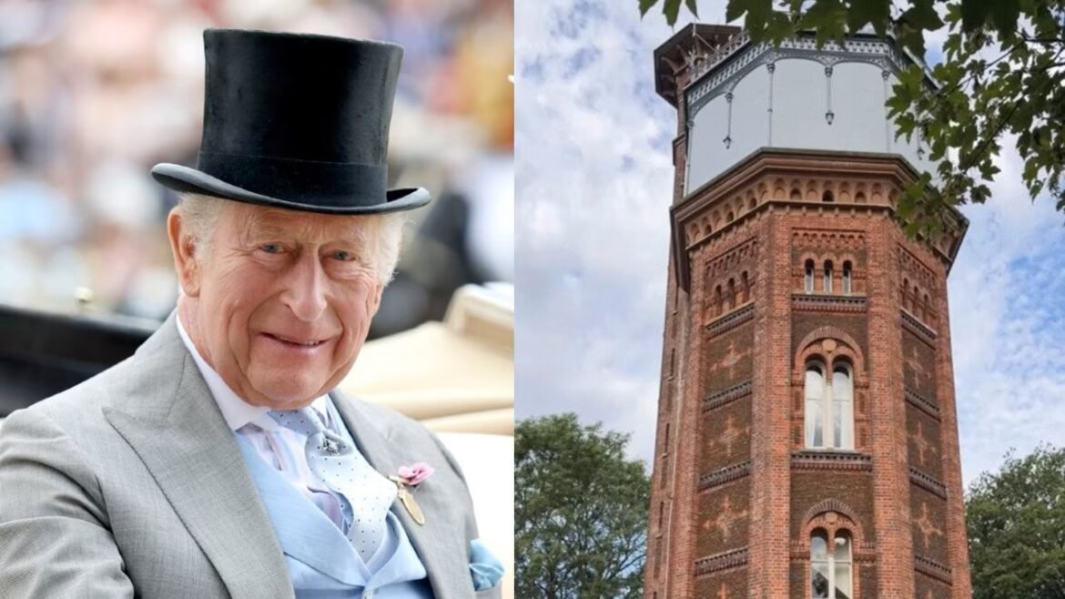 Split image: an elderly man in a gray suit and top hat smiling on the left; a tall red-brick tower with arched windows on the right.