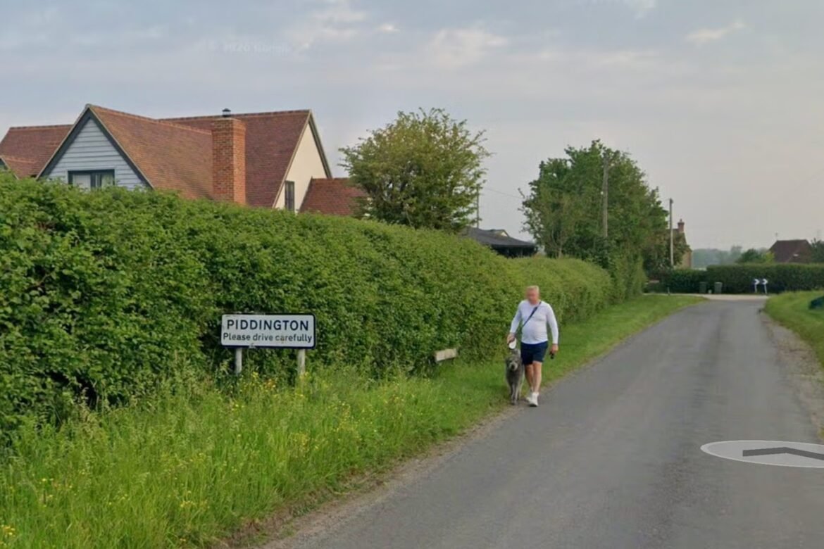 Man walking a dog along a rural road beside a tall hedge, Piddington sign visible: 'Please drive carefully.'