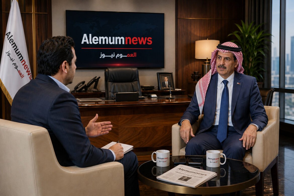 Two men in business attire sit across from each other in a modern office; the screen behind reads 'Alemumnews' with Arabic text and a world map motif.