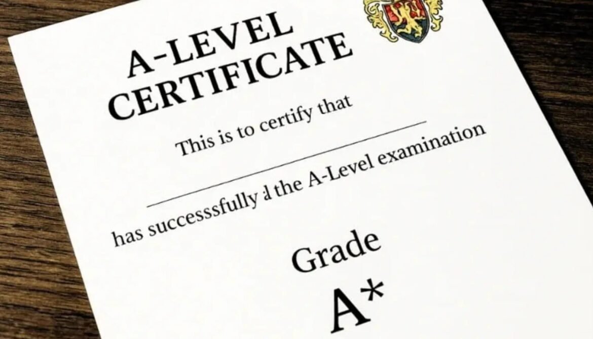 White A-Level certificate on a wooden surface, with a crest in the top-right and the words 'A-LEVEL CERTIFICATE' visible.