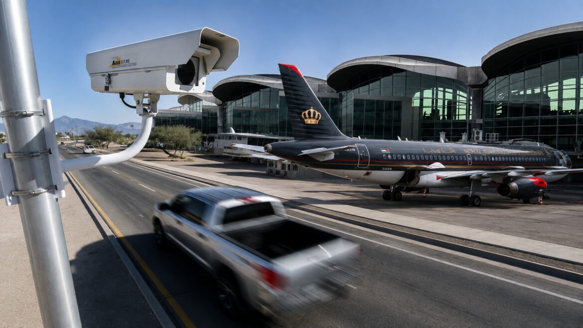 Security camera on a pole overlooking a runway with a parked luxury jet beside a glass-terminal building; a blurred car passes by in the foreground on the road.