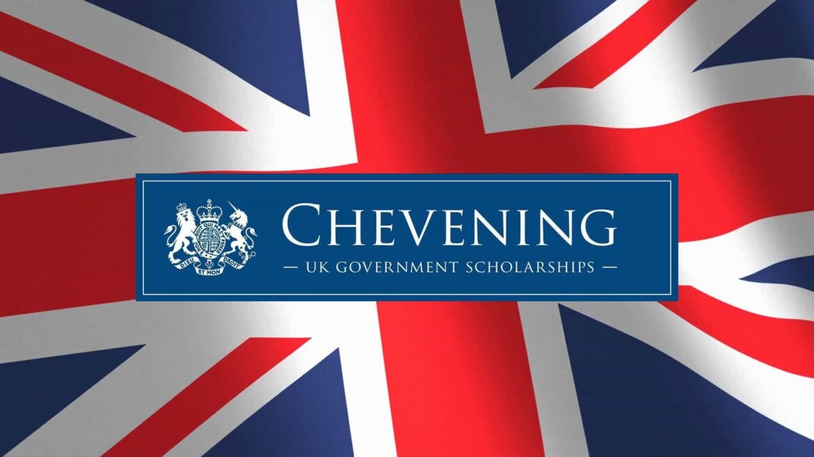 Chevening UK Government Scholarships logo on a stylized Union Jack backdrop