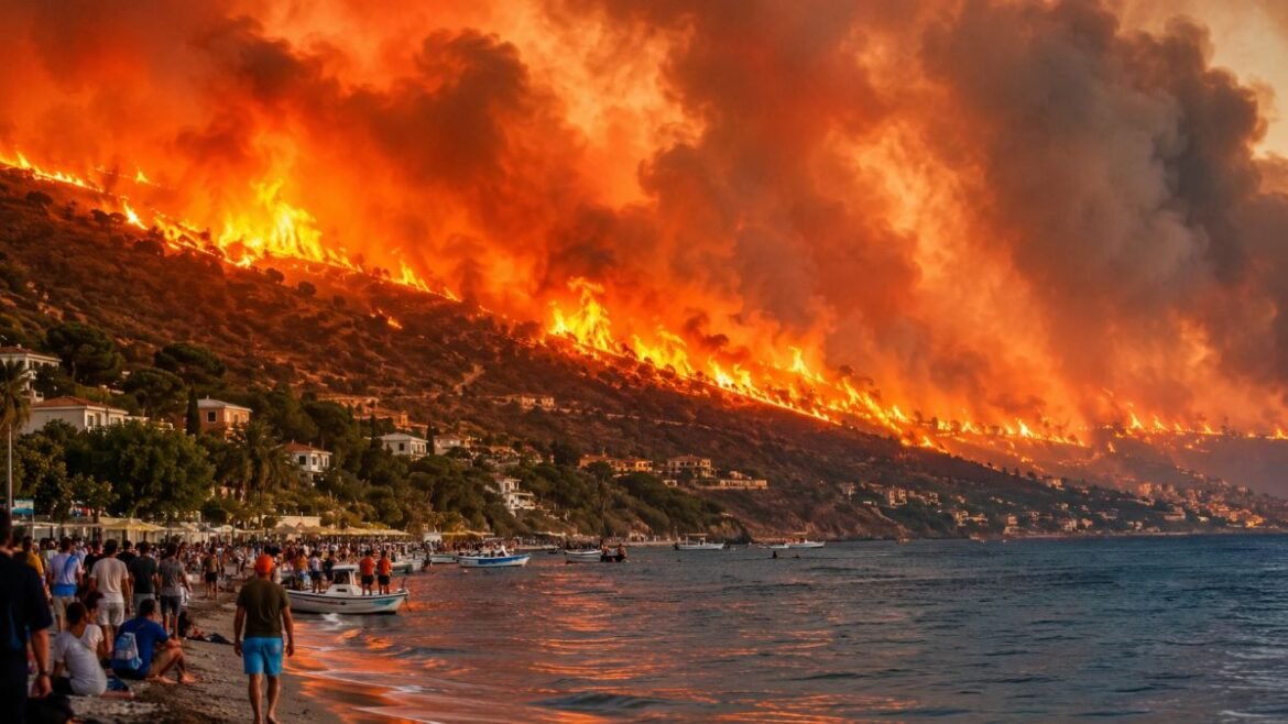 Coastal hillside on fire, flames and smoke looming over homes as people watch from the beach.