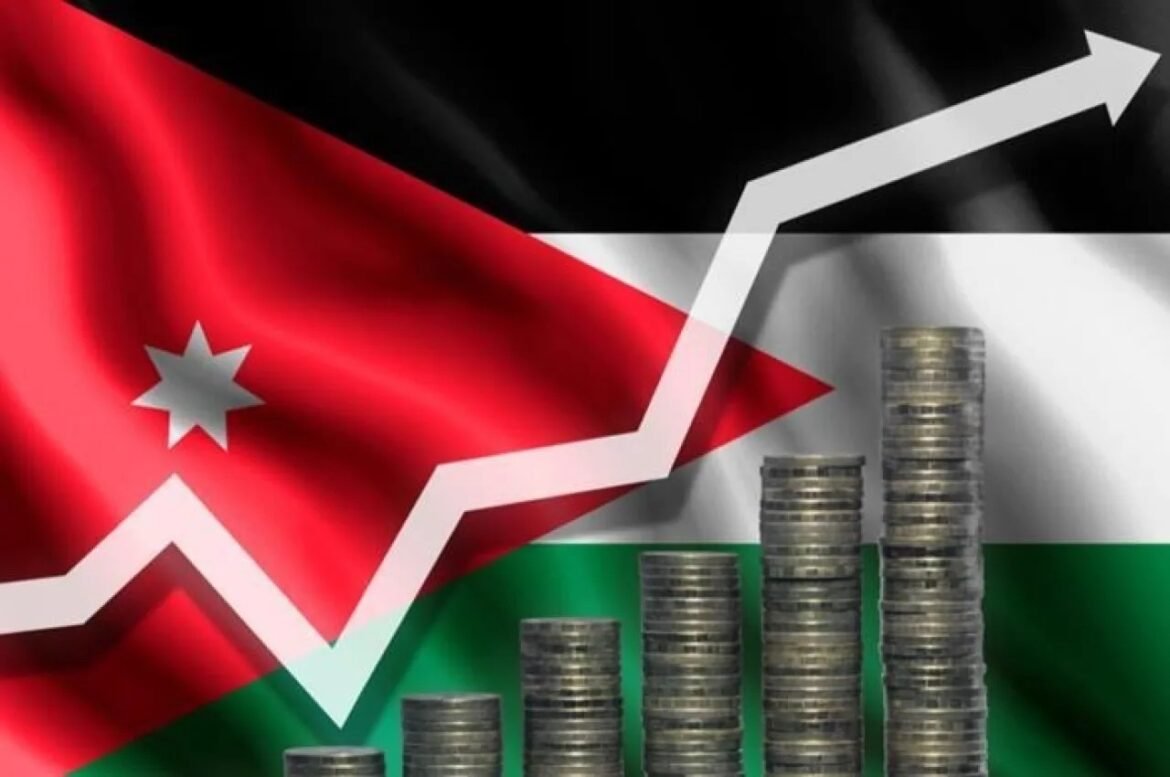 Flag of Jordan with an upward white zigzag arrow and rising stacks of coins, symbolizing economic growth.