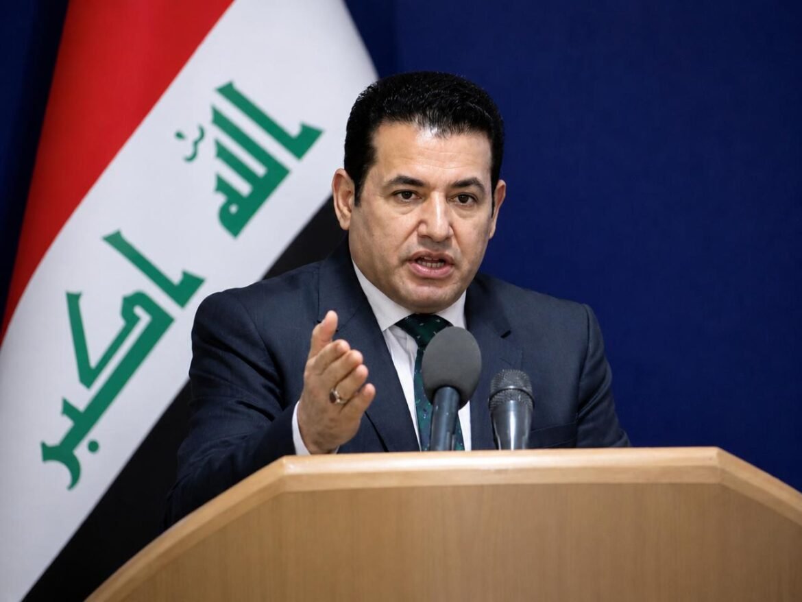 Man in a dark suit giving a speech at a wooden podium, Iraqi flag in the background.