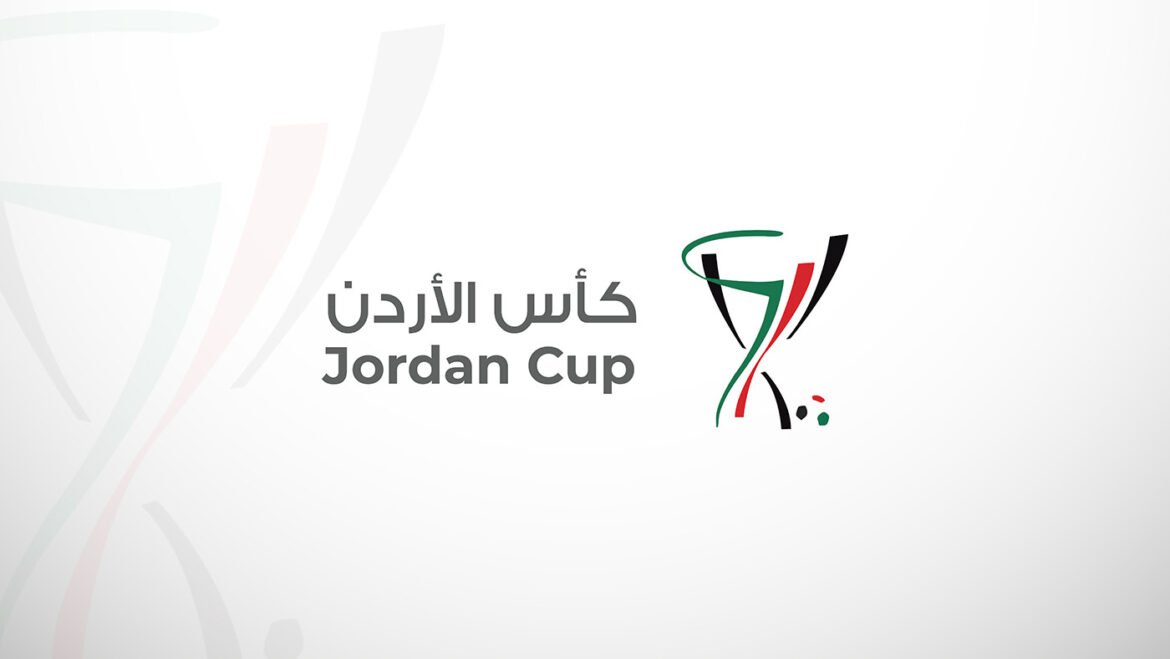 Jordan Cup logo with Arabic and English text and a stylized trophy emblem and light background left accent patterns