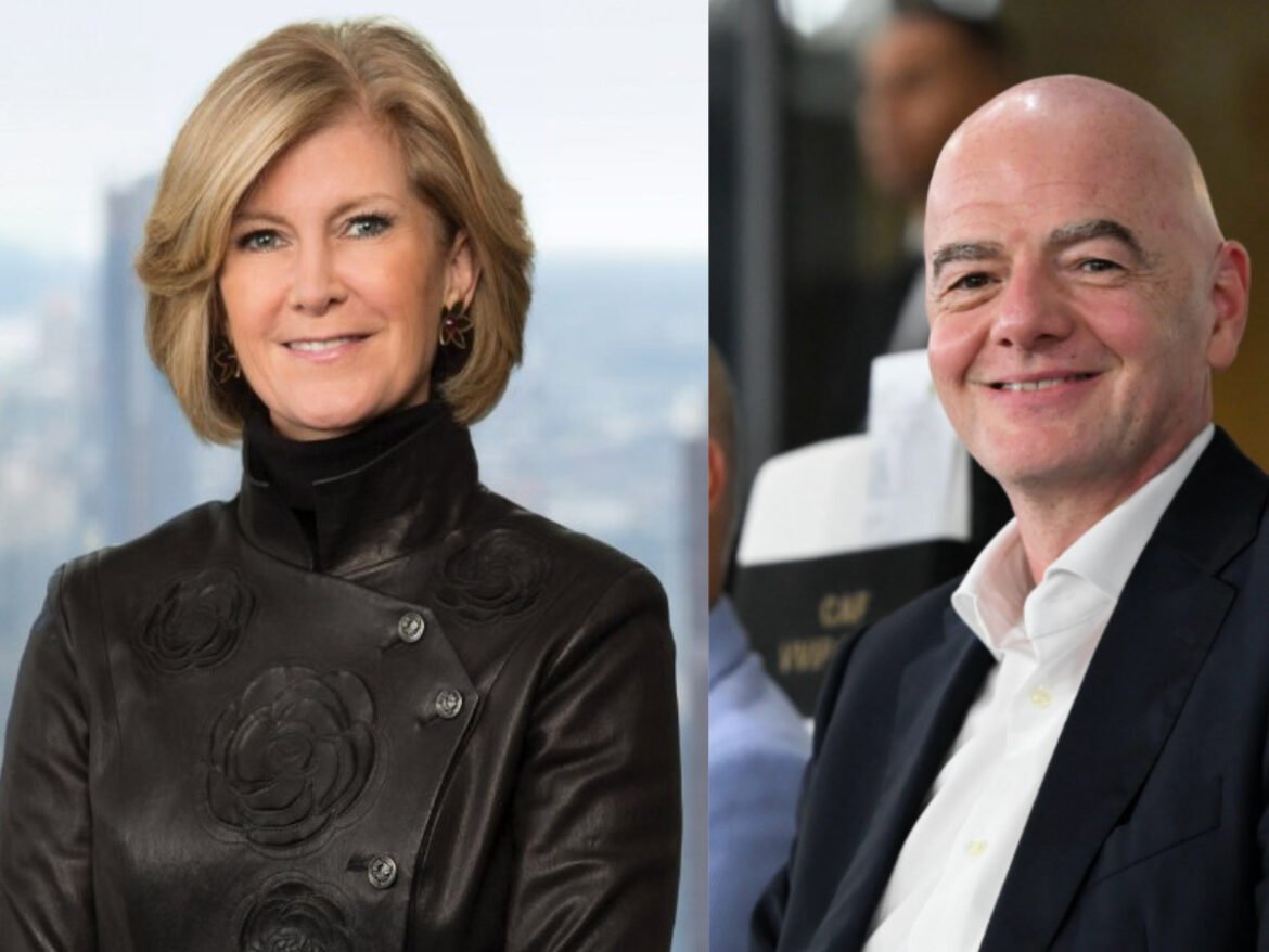 Side-by-side portraits: woman with blonde hair in a black embroidered leather jacket on the left; smiling bald man in a white shirt and blazer on the right.