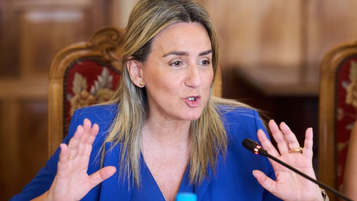 Woman in a blue blazer speaks into a microphone, hands raised in a gesturing moment at a meeting.
