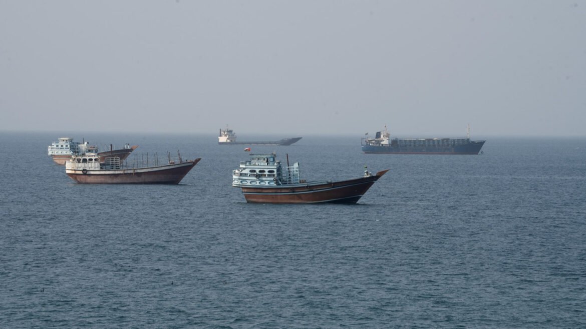 Several cargo ships float on a calm blue sea near the horizon.
