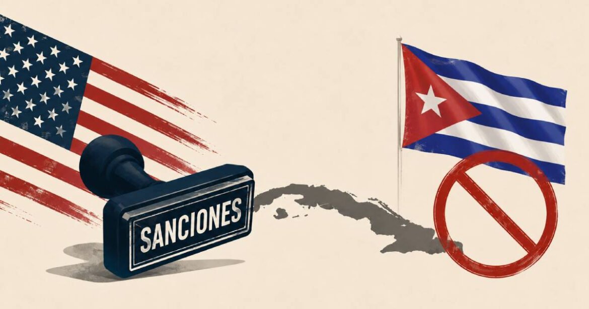 Illustration of a blue stamp reading 'SANCIONES' aimed toward a map between the US and Cuba flags, with a large red prohibition symbol indicating sanctions.