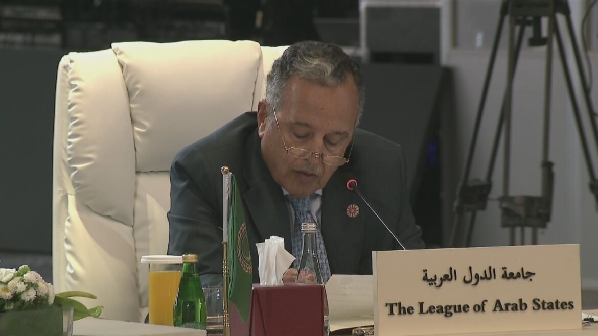 Man in a suit reads notes at a conference desk, speaking into a microphone with a sign for The League of Arab States in front.