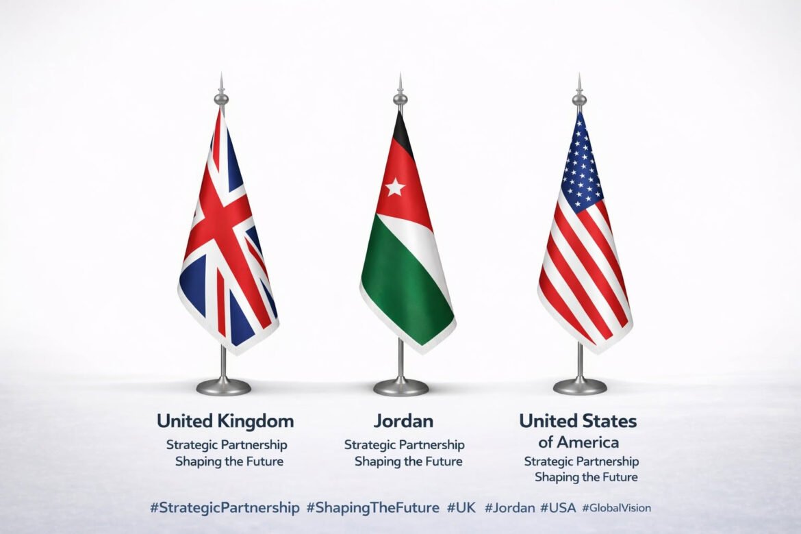 Three national flags on stands (UK, Jordan, USA) with captions about a strategic partnership and shaping the future.