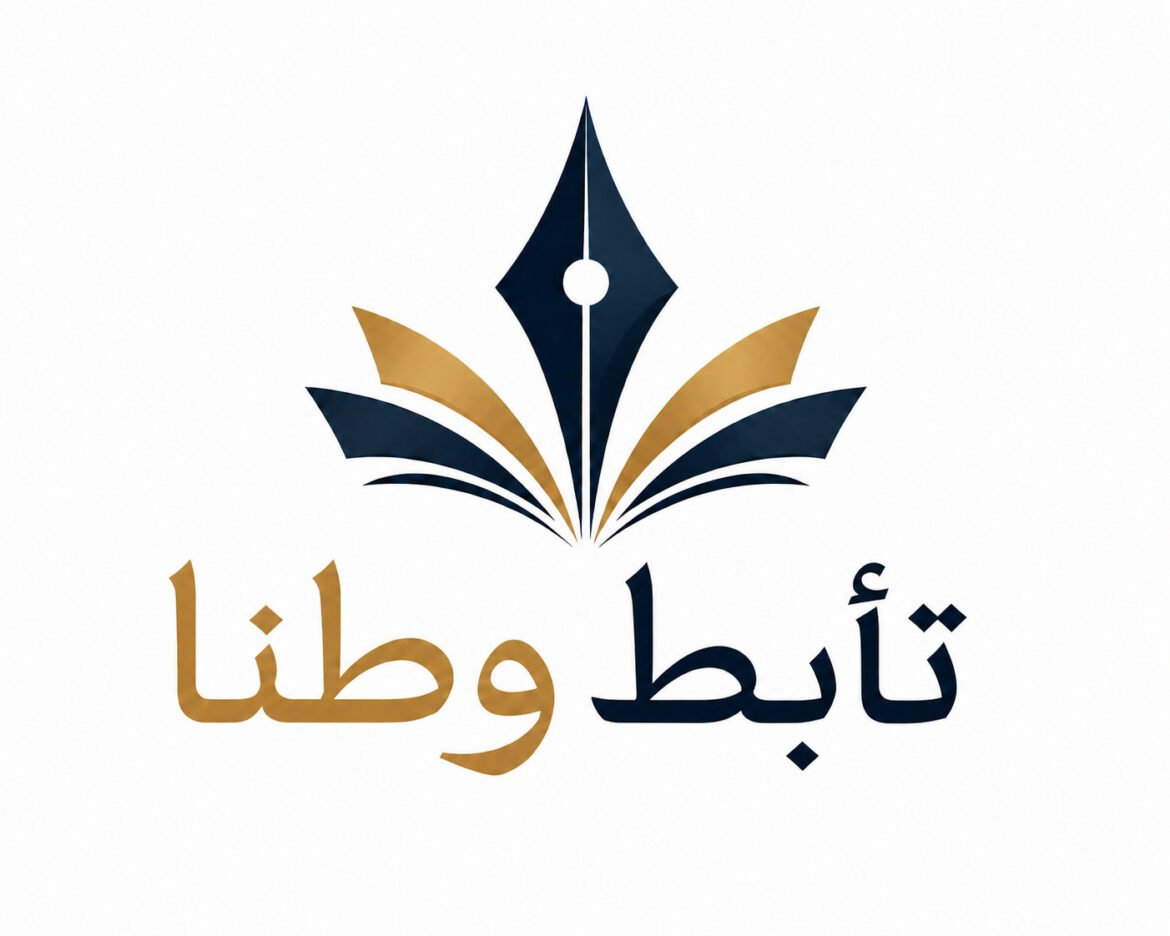Logo featuring a blue-and-gold abstract fountain-pen motif resembling petals above Arabic script, suggesting a brand or organization name.