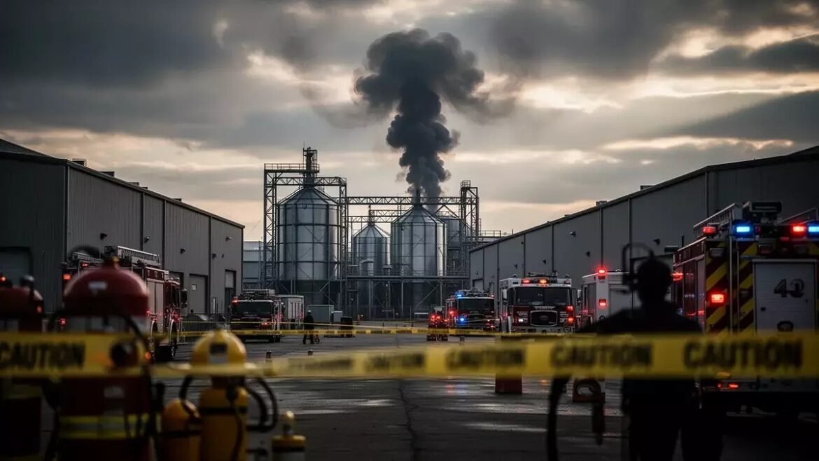Emergency response at an industrial facility with tall silos and black smoke rising; fire trucks and responders behind yellow caution tape in the foreground.
