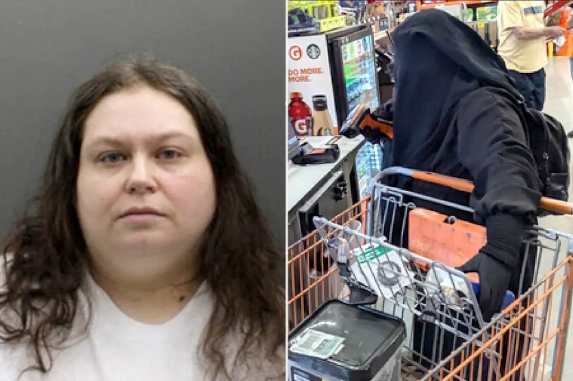 Split image: left is a mugshot-style photo of a woman with long brown hair and a neutral expression; right shows a hooded person in black clothing with gloves pushing a shopping cart in a supermarket.
