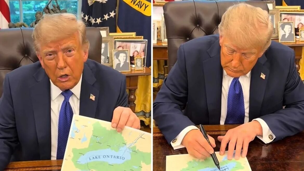 Two-panel image of former President Donald Trump at a desk: left panel shows him holding a map labeled Lake Ontario, right panel shows him signing the map with a black pen.