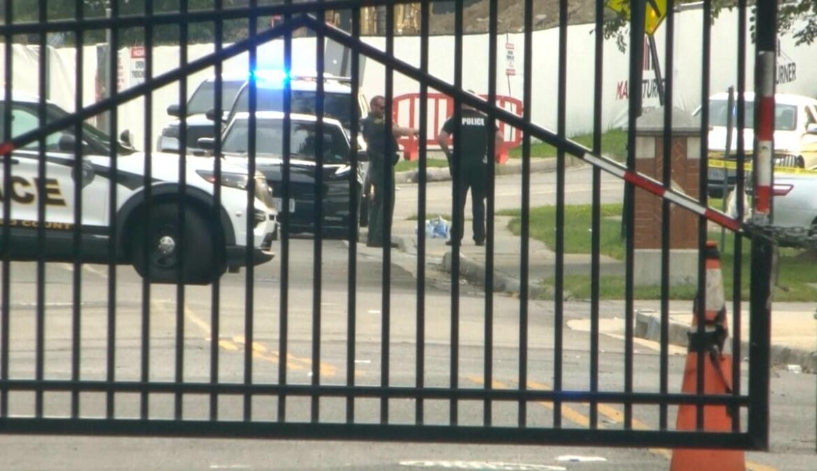 Police officers stand near a law enforcement SUV with flashing blue lights behind a gated area. A barrier and orange cone are in the foreground.