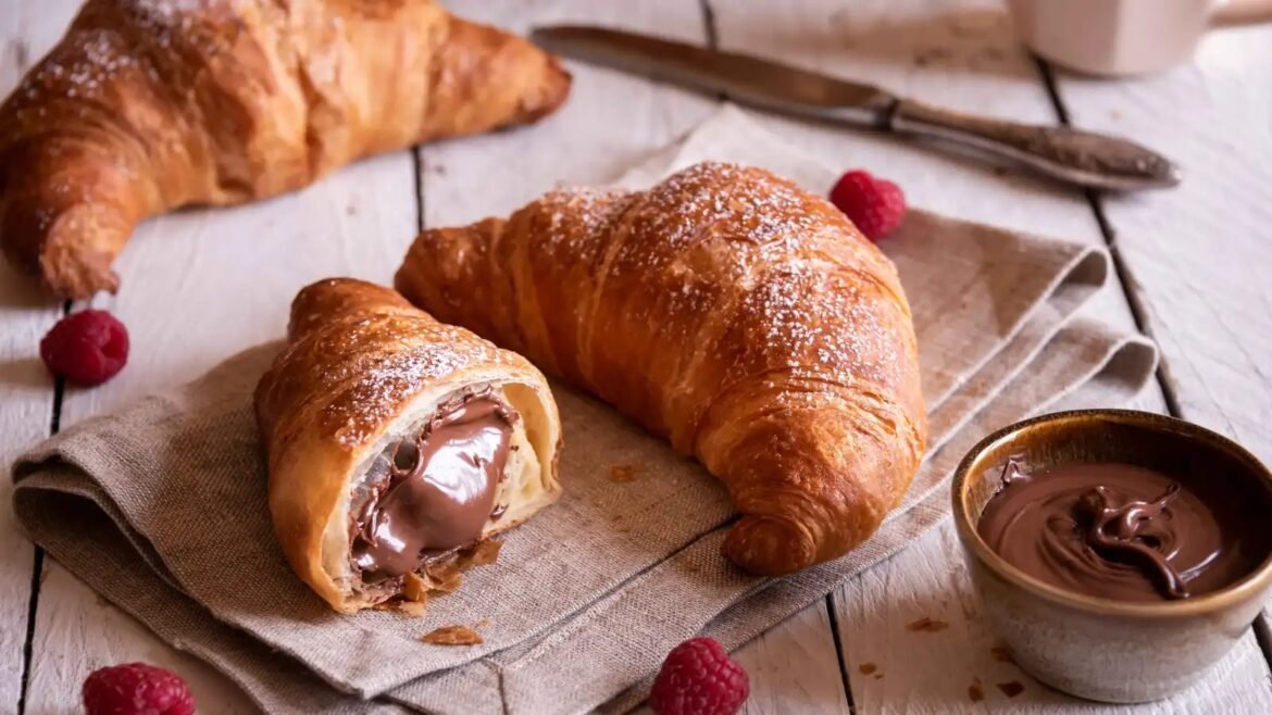 Two chocolate-filled croissants on a wooden table with raspberries and a bowl of melted chocolate on the side