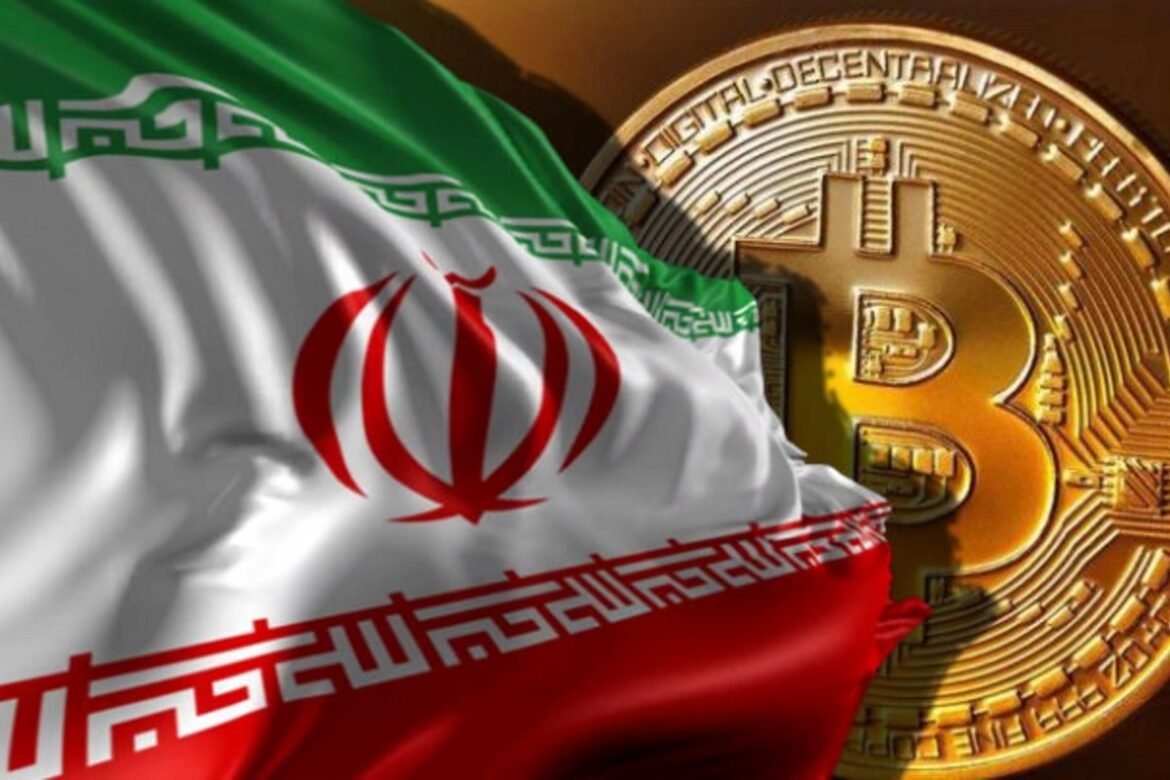 Iranian flag draped beside a large Bitcoin coin, conveying crypto in Iran