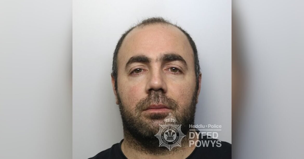 Mugshot photo of a man with short hair and beard against a plain gray background, Dyfed-Powys Police watermark.