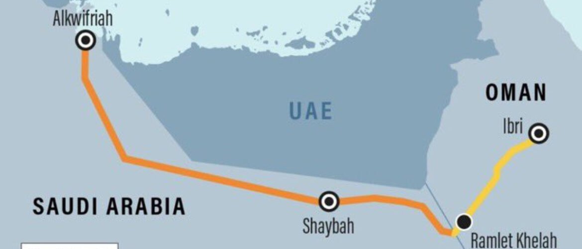 Map showing a travel route across Saudi Arabia to the Oman border, passing through Shaybah and ending in Ibri, Oman.