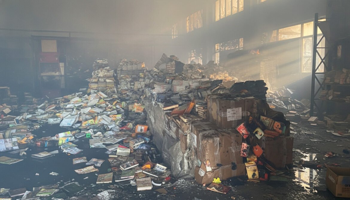 Charred piles of books and boxes in a smoke-filled warehouse after a fire, with rays of light streaming through windows.