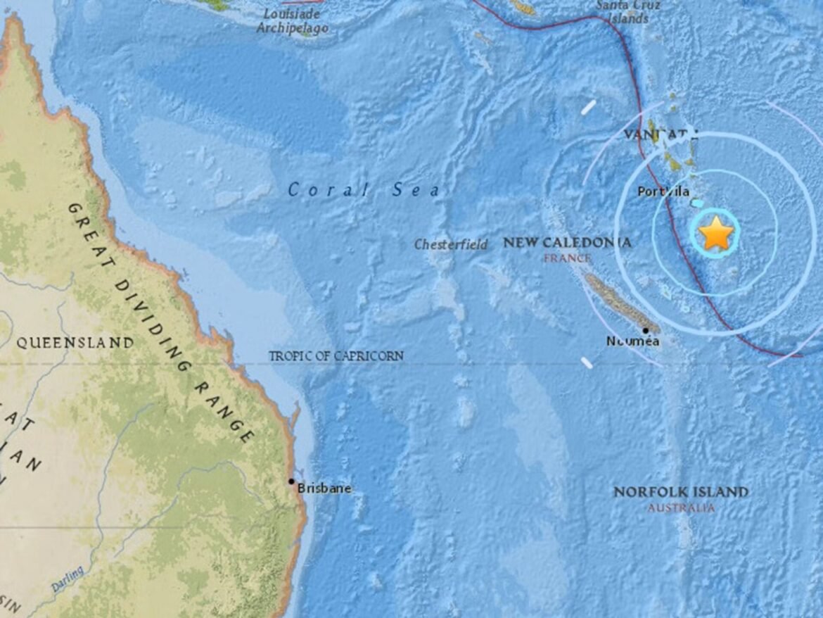 Section of a nautical map showing the northeast coast of Australia (Queensland) and surrounding Pacific Ocean near the Coral Sea with a weather symbol near Vanuatu/Port Vila indicating a storm area.