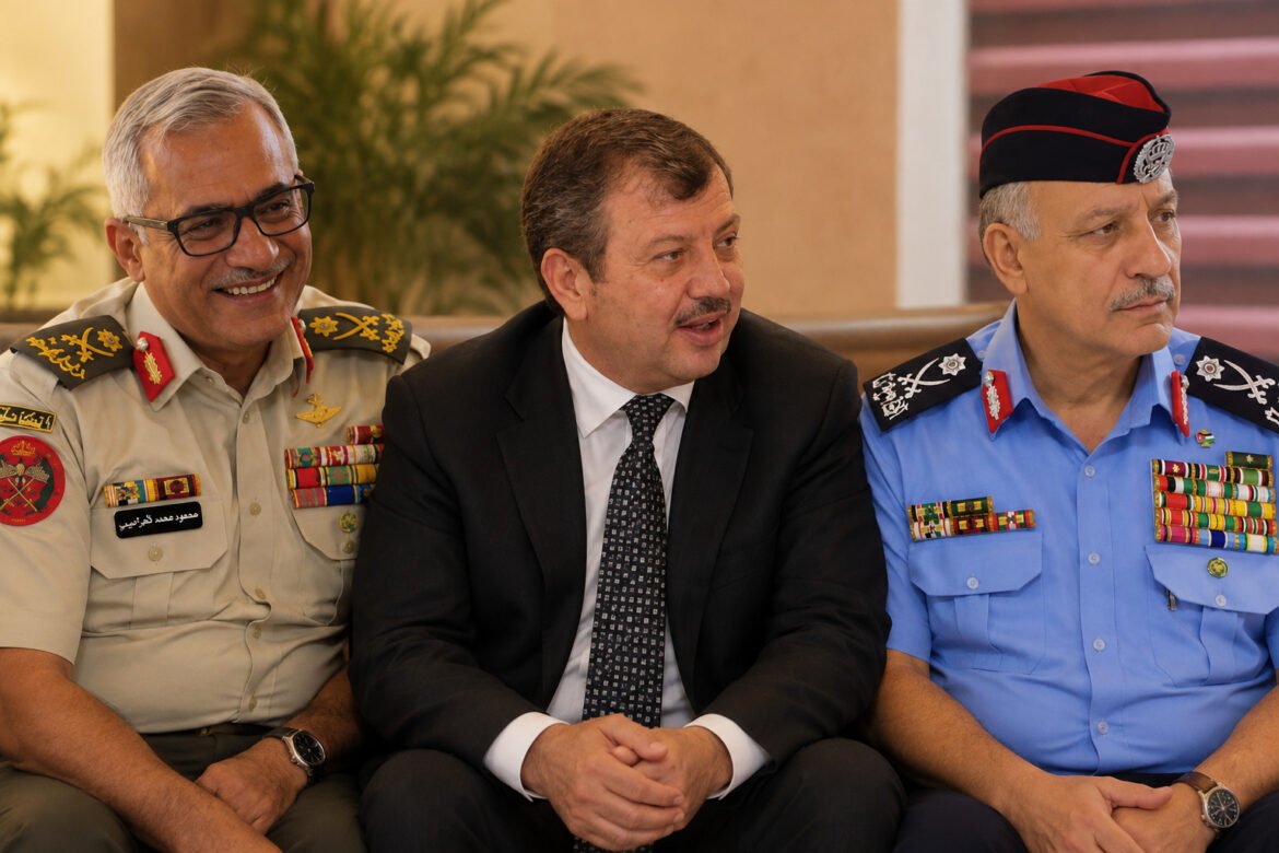 Three men seated indoors: two in decorated military uniforms on either side of a man in a dark suit, all looking to the left with smiles.