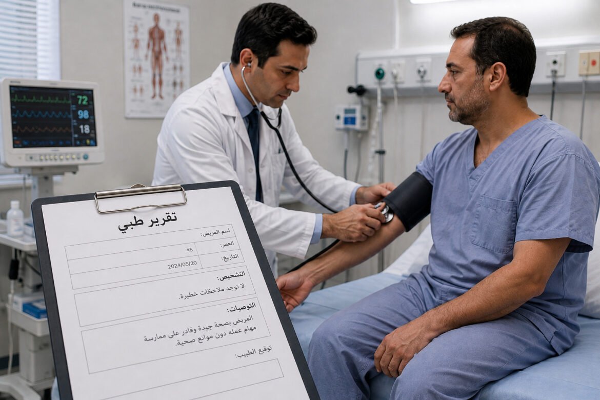 Doctor measuring a patient’s blood pressure in a hospital, with a clipboard displaying an Arabic medical form in the foreground.