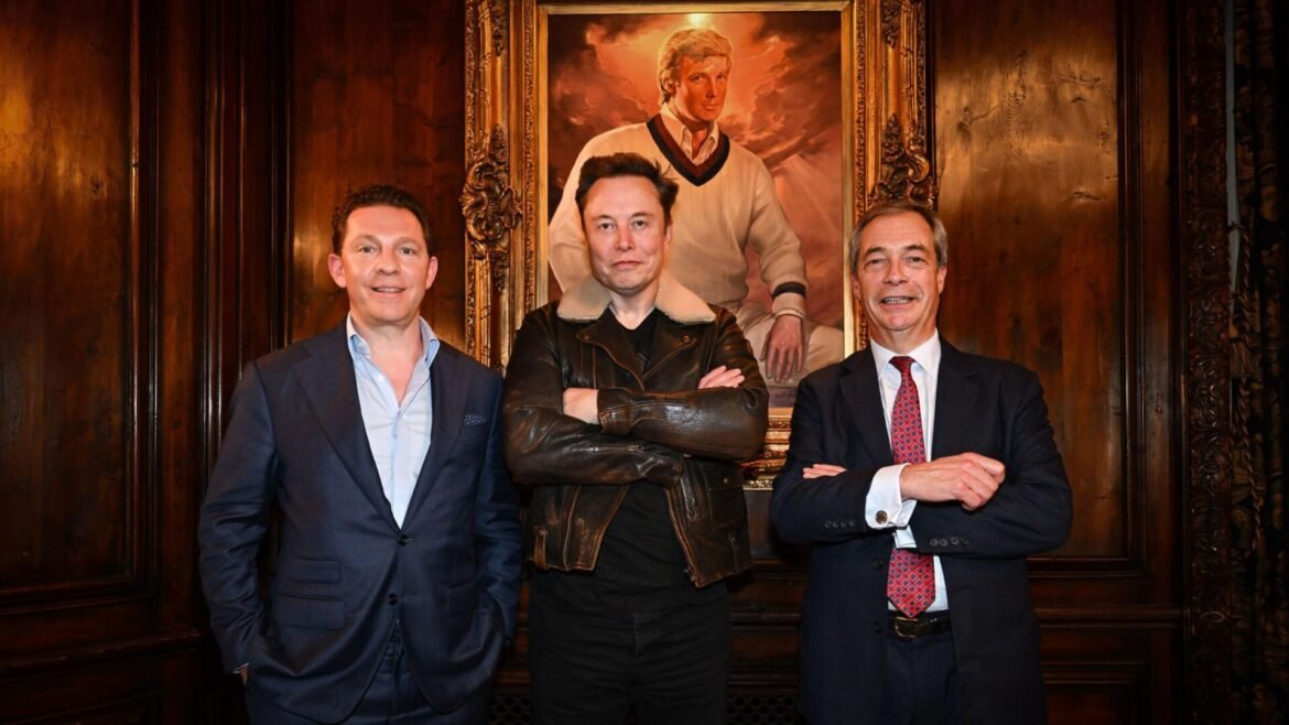 Three men in suits pose together in a wood-paneled room with a large framed portrait behind them.