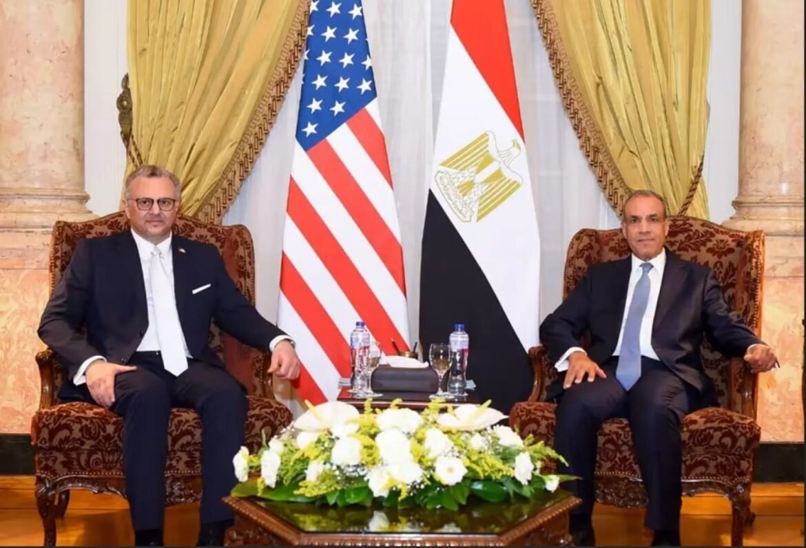 Two men in dark suits sit in ornate chairs on either side of a table, with the American and Egyptian flags behind them and a floral arrangement in front, in a formal diplomatic setting.