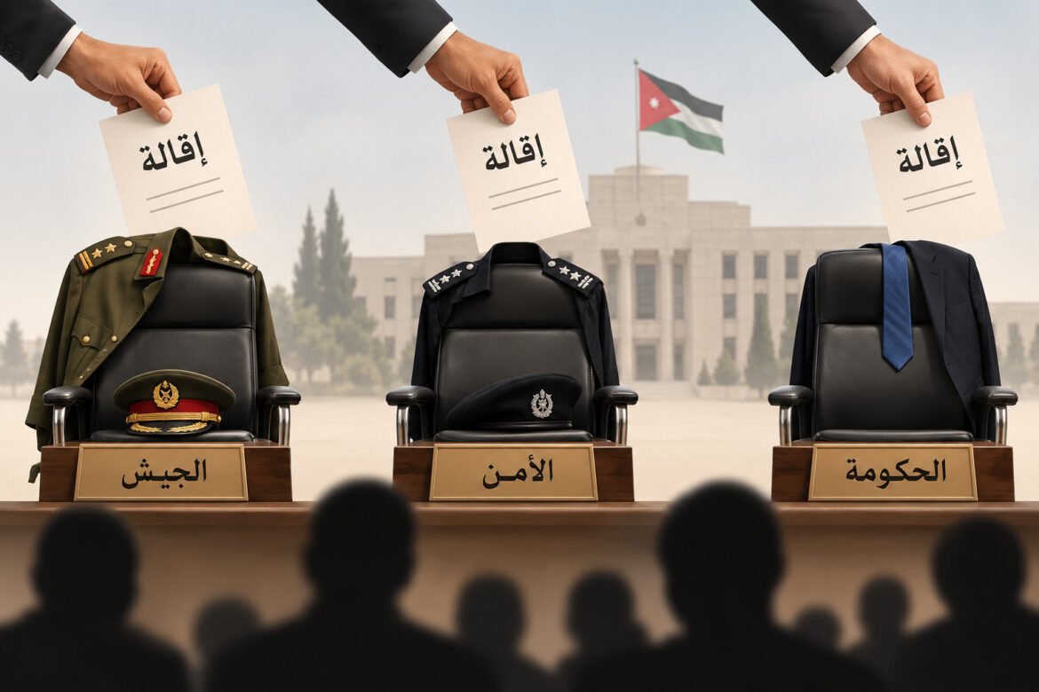Three chairs labeled الجيش (Army), الأمن (Security), الحكومة (Government) with uniforms and papers being handed over, symbolizing a power transfer.