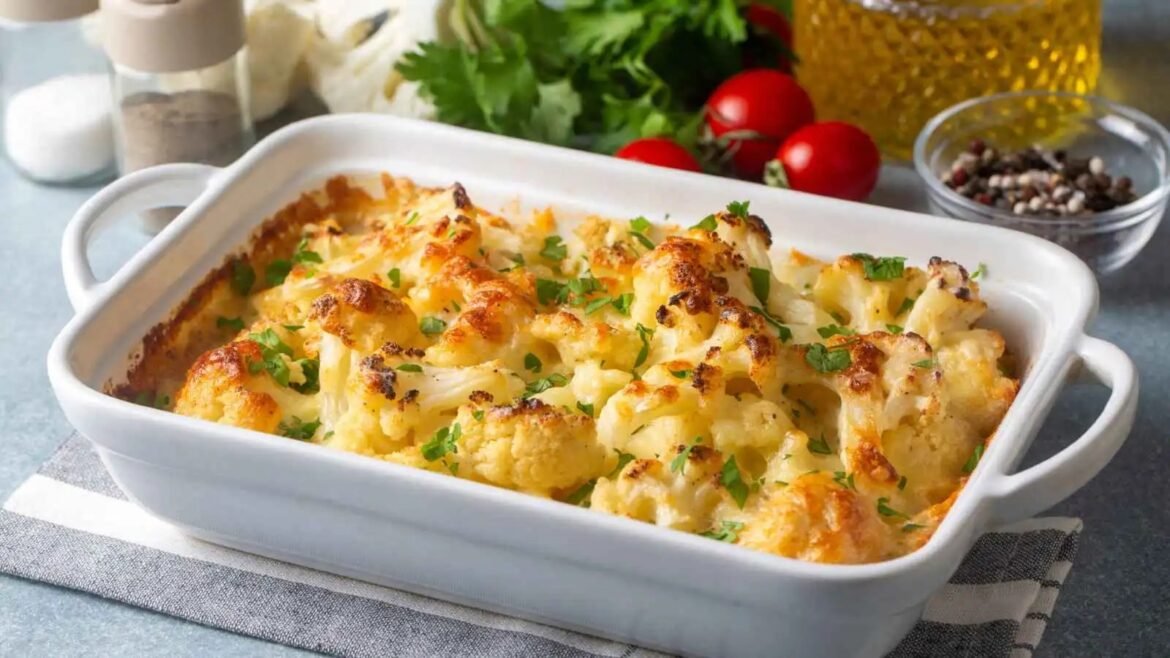 Cheesy cauliflower bake in a white casserole dish garnished with parsley on a kitchen table