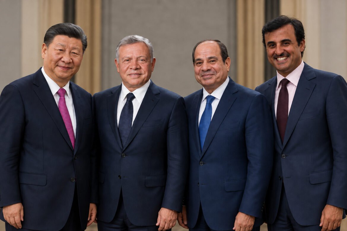 Four businessmen in navy suits posing for a group photo outside a classical building with smiles.