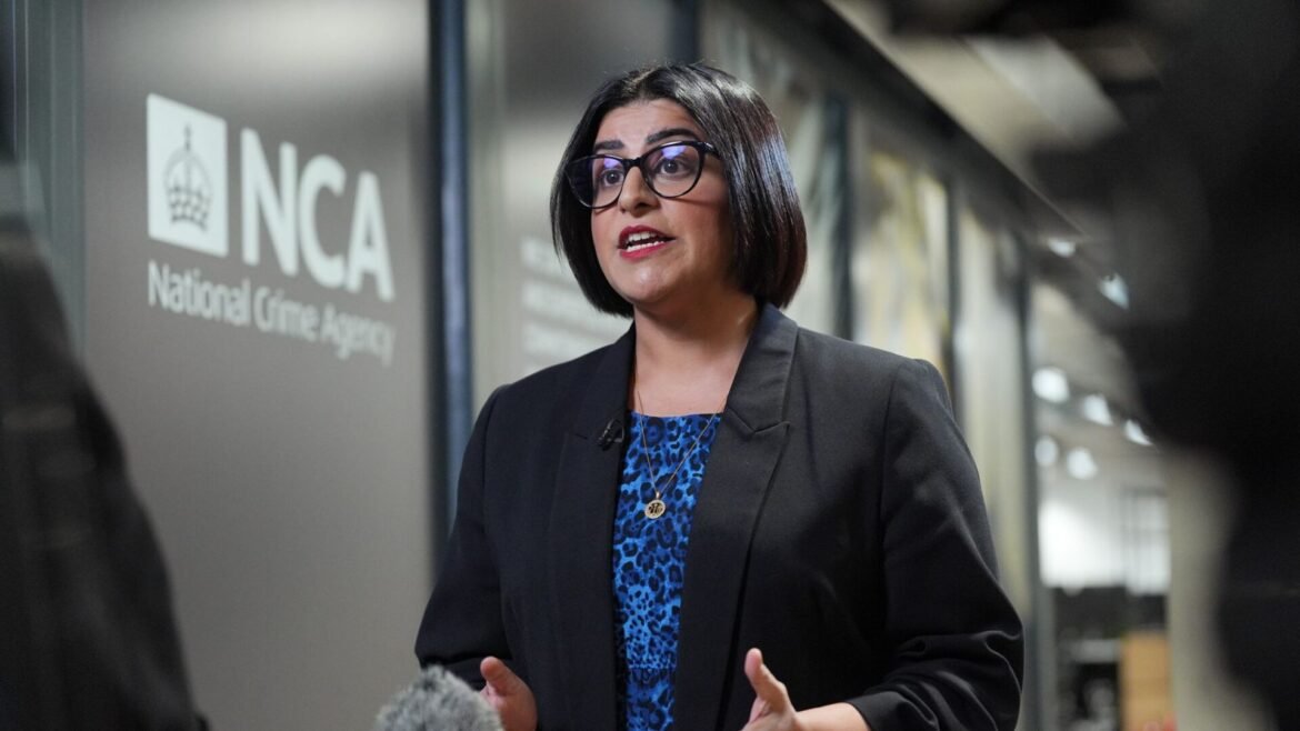 Woman in a blazer and blue patterned top speaks to reporters, with the NCA (National Crime Agency) sign in the background.