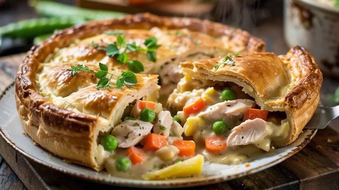 Golden-brown chicken pot pie cut open to reveal creamy filling with chicken, peas, carrots and potatoes, on a plate.