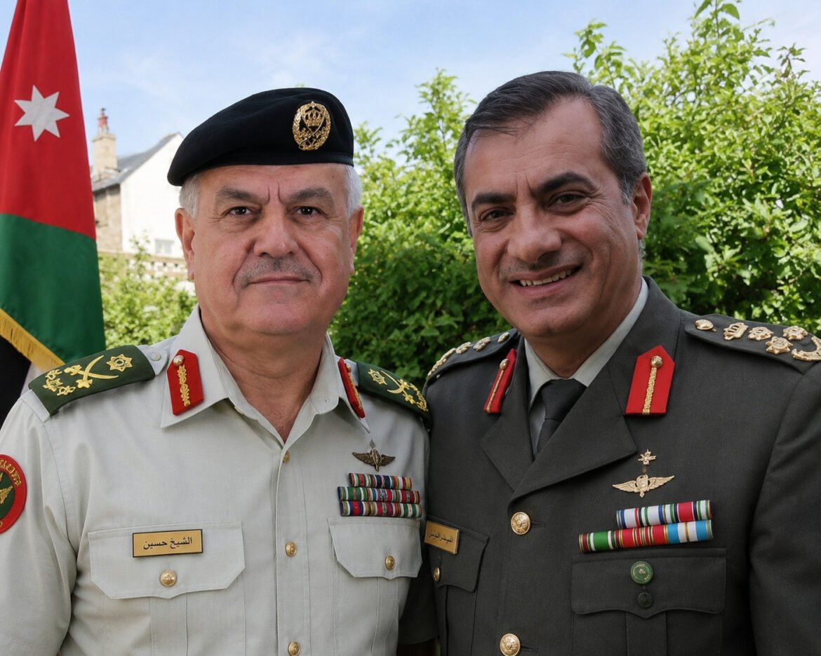 Two Jordanian military officers pose for a selfie outdoors, smiling, with a Jordan flag and greenery in the background.
