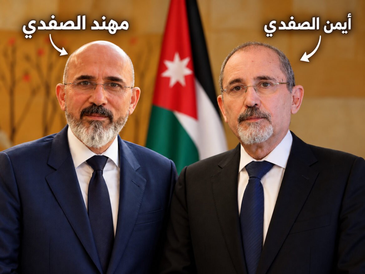 Two balding men in dark suits and ties pose side by side, with a Jordanian flag in the background.