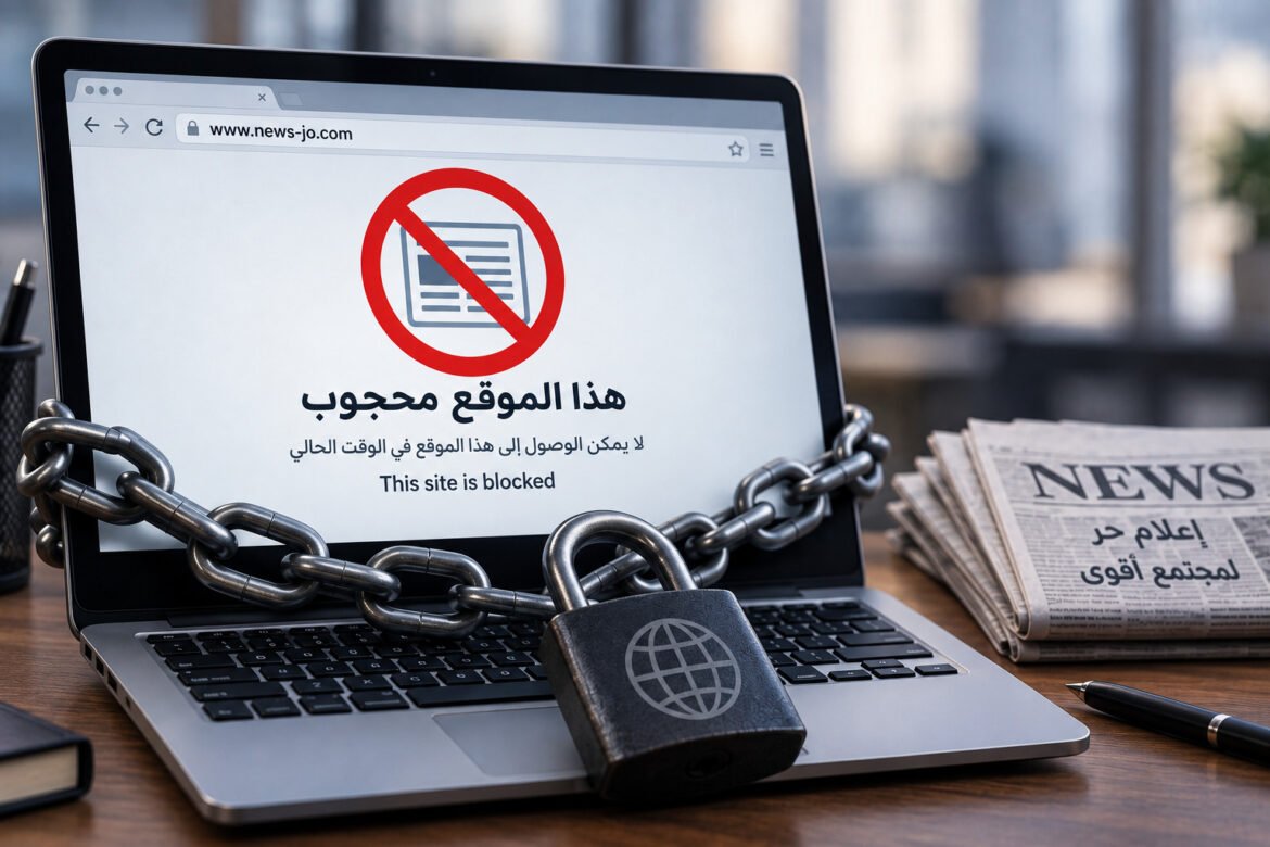 Laptop showing a 'This site is blocked' message with a red prohibition sign, chained around the keyboard and secured by a padlock.