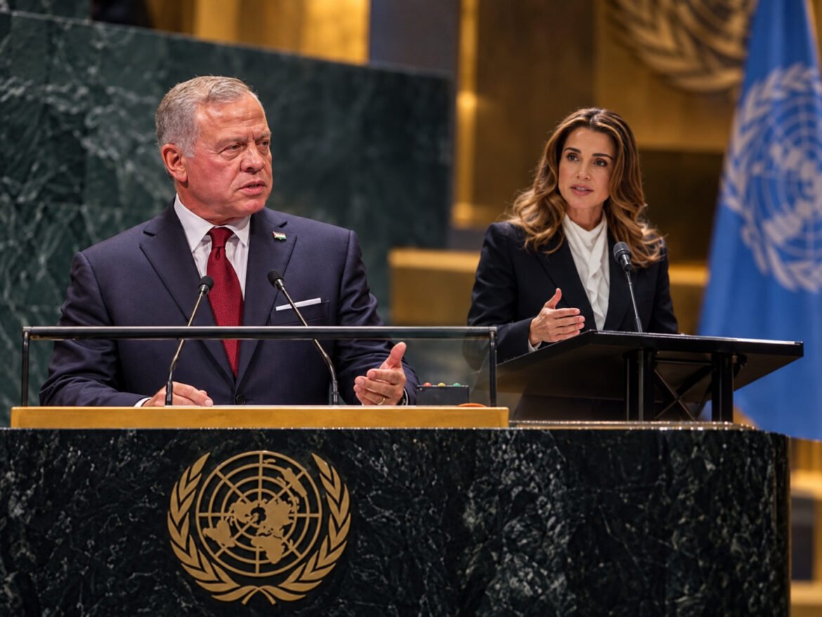 Two diplomats speak at a United Nations podium, man in a dark suit and red tie and a woman spokesperson beside him, UN emblem in front.