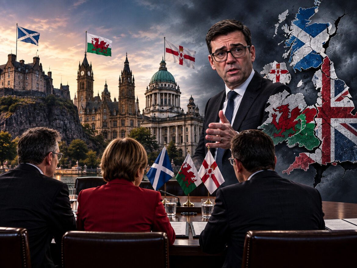 Politician speaking to officials at a table with Scottish, Welsh, and Northern Irish flags on display.
