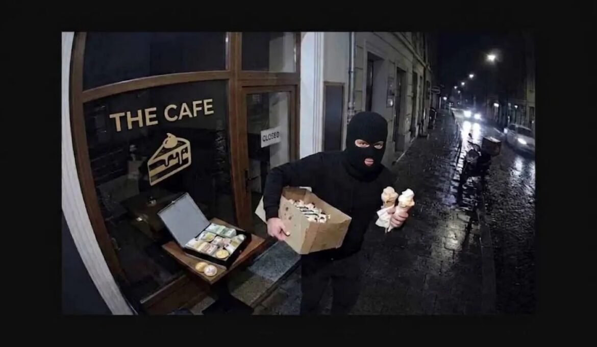 Masked thief in black clothing and balaclava, holding a box of ice cream cones outside a cafe named THE CAFE at night.
