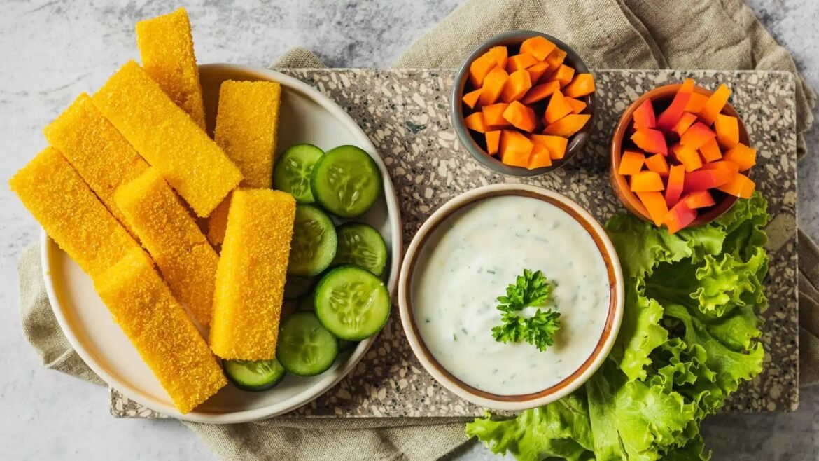 Crispy breaded cheese sticks with cucumber slices on a plate, paired with two bowls of diced orange vegetables and a creamy herb dip, plus lettuce on the side.