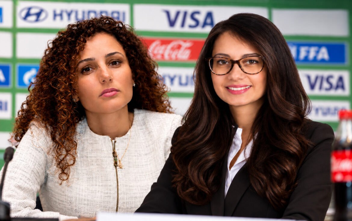 Two women sit at a press conference table; left is curly-haired in a white top, right is long-haired with glasses in a black blazer, both facing camera with banners behind them.